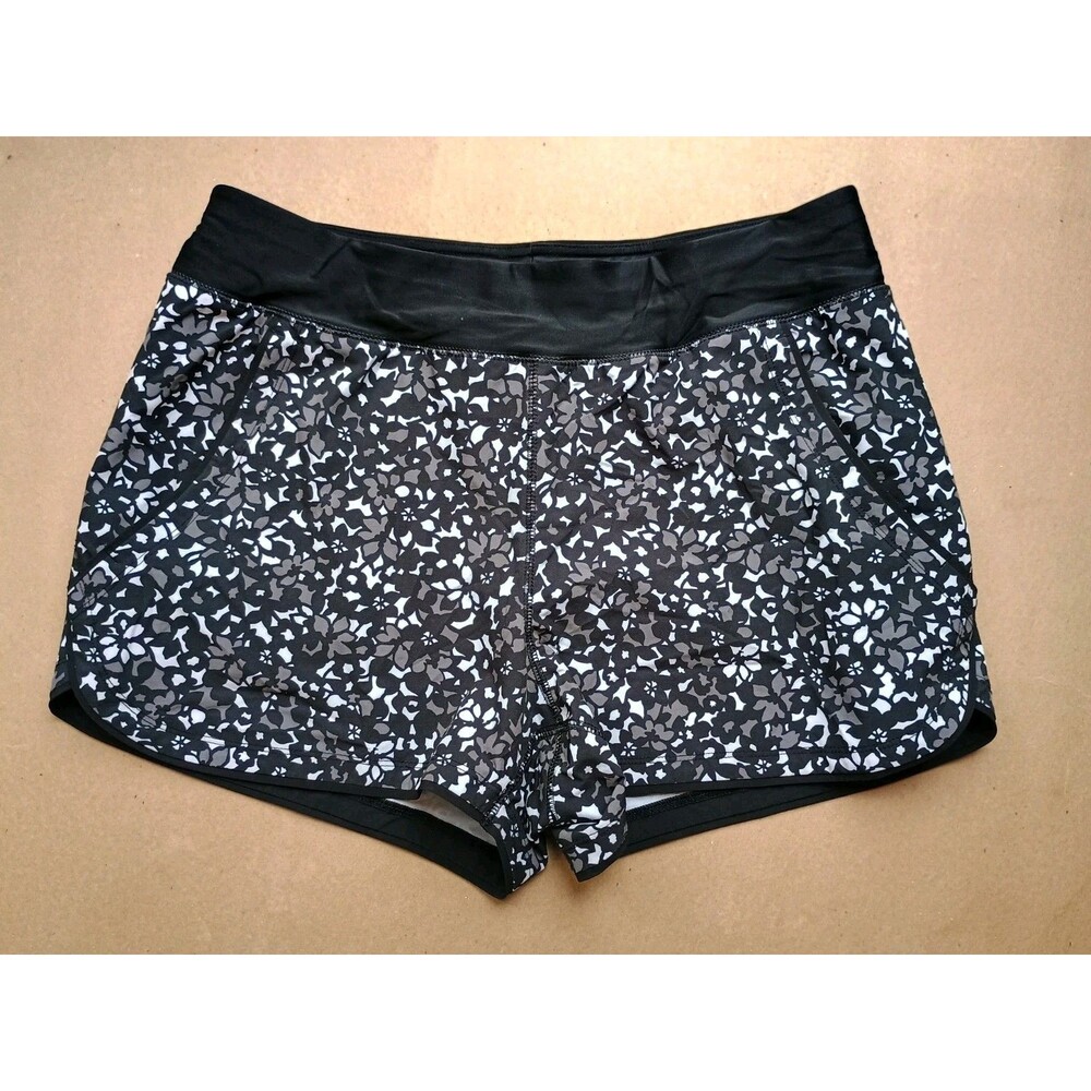Lands' End Grey Black Floral Stretch Pocket Running Gym Short Woman 10 Swim